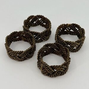Vtg Solid Brass Napkin Rings SET of 4 Twisted Rope Woven Knot Hollywood Regency